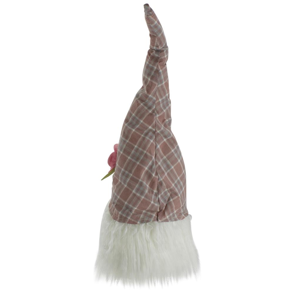20" Pink and White Plaid Spring Gnome Head Table Top Decor. Picture 5