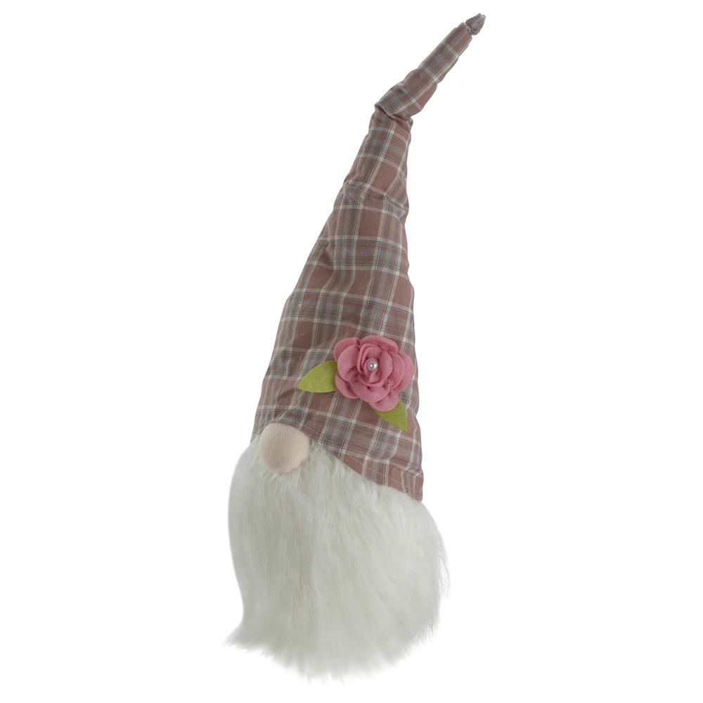 20" Pink and White Plaid Spring Gnome Head Table Top Decor. Picture 4