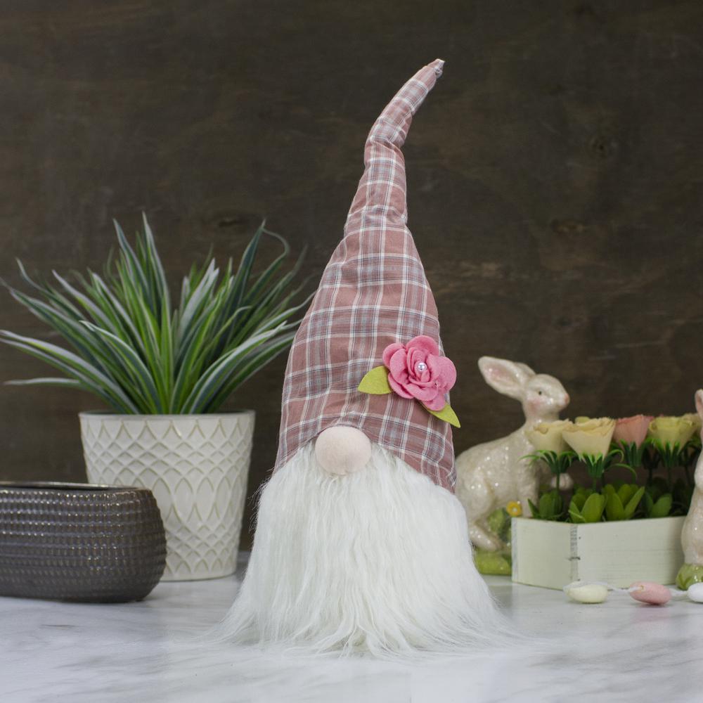 20" Pink and White Plaid Spring Gnome Head Table Top Decor. Picture 2