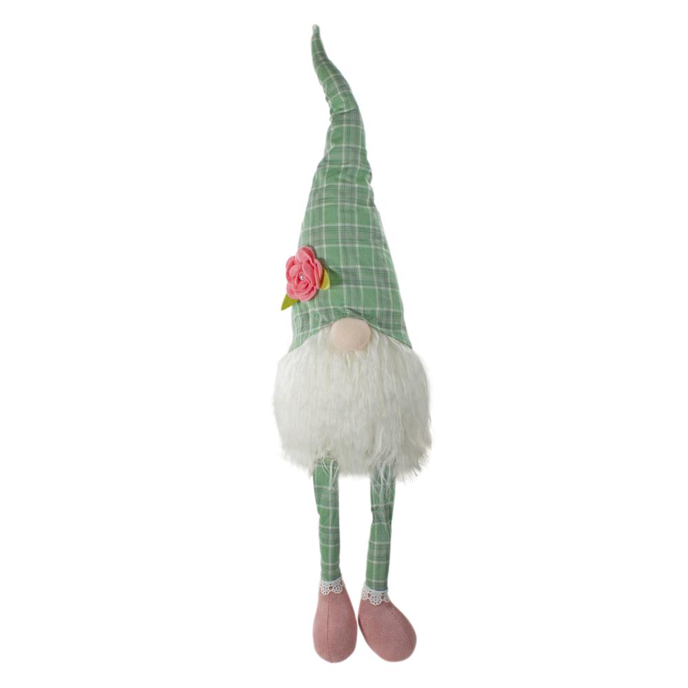 28" Green and White Plaid Spring Gnome Table Top Figure with Dangling Legs. Picture 1
