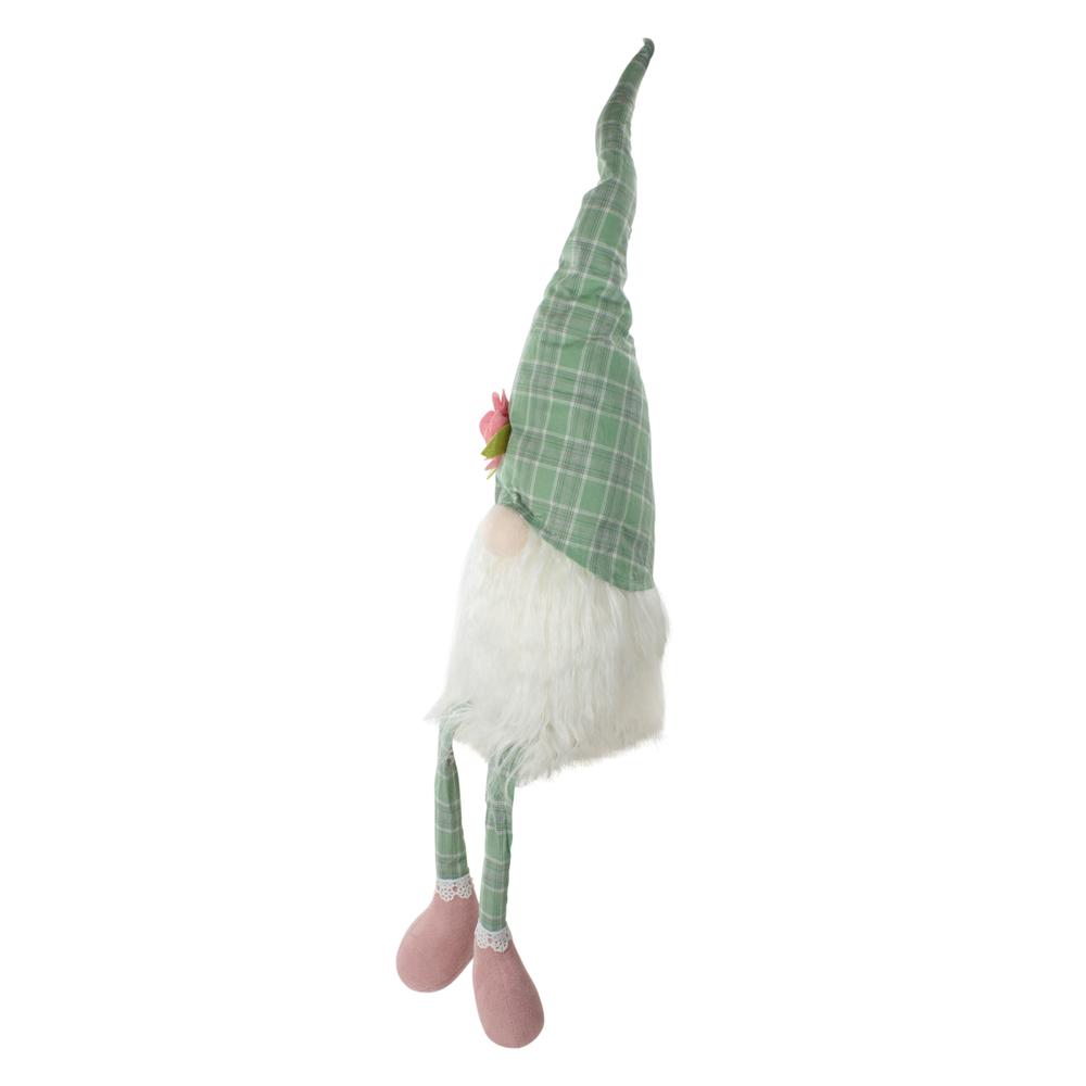 28" Green and White Plaid Spring Gnome Table Top Figure with Dangling Legs. Picture 4