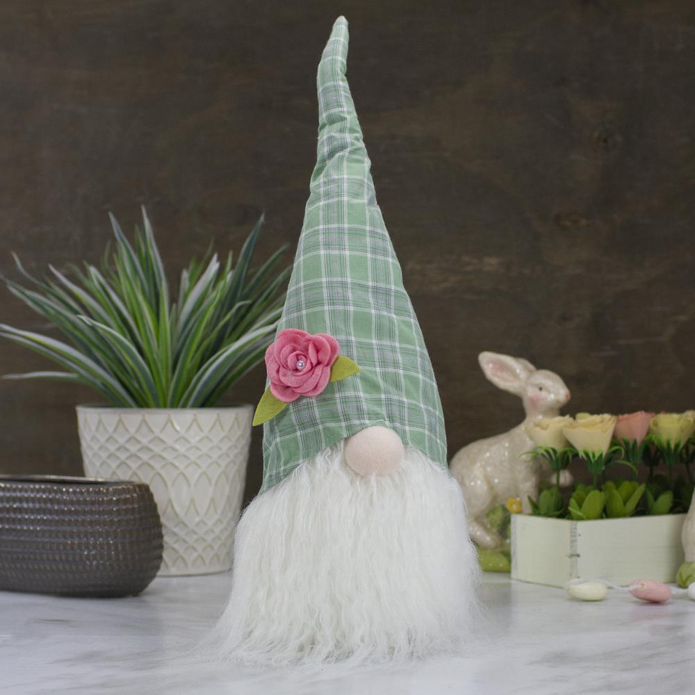 20" Green and White Plaid Spring and Easter Gnome Head Table Top Decor. Picture 2