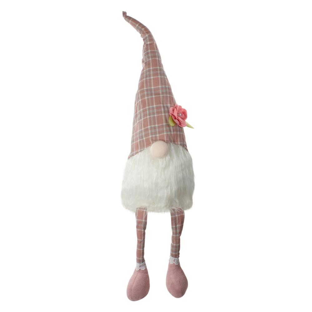 29" Pink and White Plaid Spring Gnome Table Top Figure with Dangling Legs. Picture 1