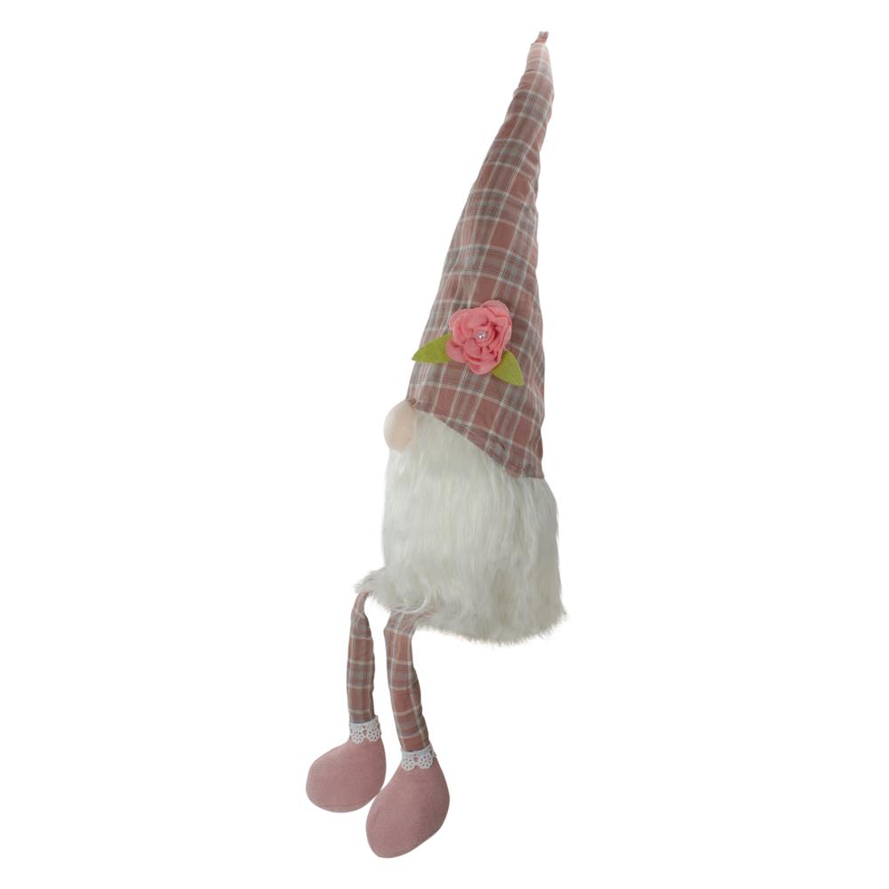 29" Pink and White Plaid Spring Gnome Table Top Figure with Dangling Legs. Picture 3