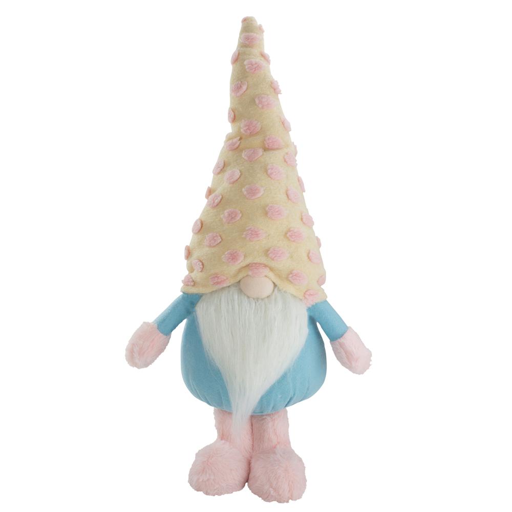 22" Blue and Pink Standing Spring Plush Gnome Figure with a Polka Dot Hat. Picture 1