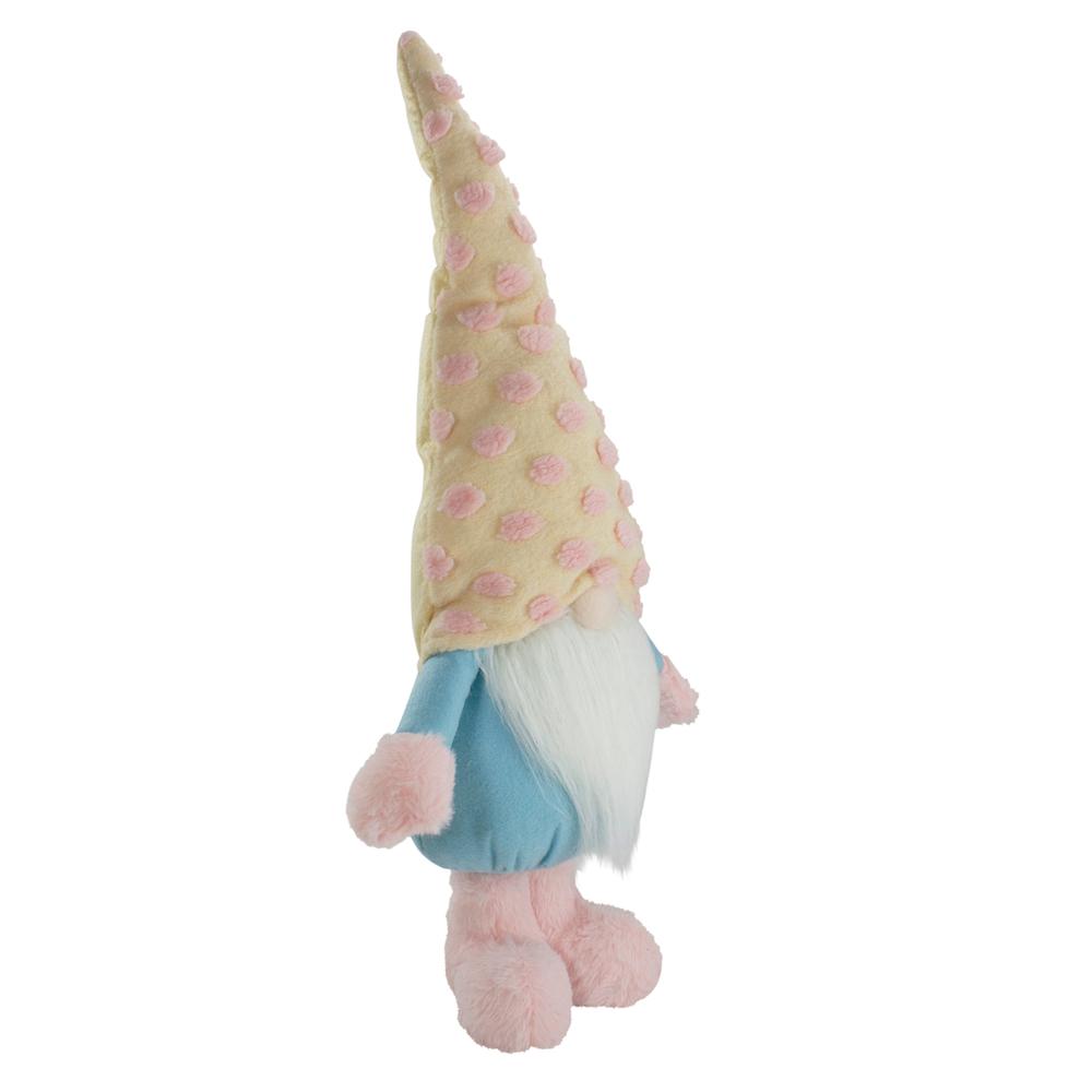 22" Blue and Pink Standing Spring Plush Gnome Figure with a Polka Dot Hat. Picture 3