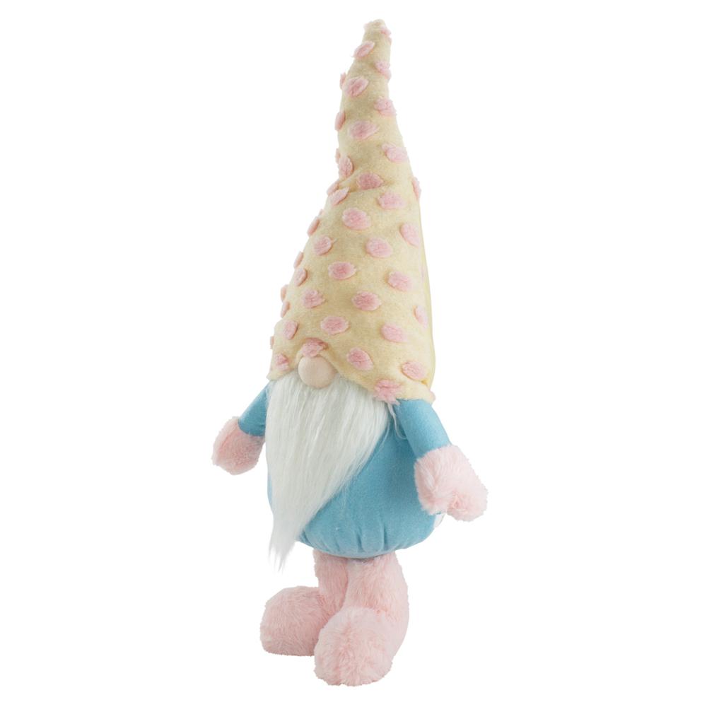 22" Blue and Pink Standing Spring Plush Gnome Figure with a Polka Dot Hat. Picture 4
