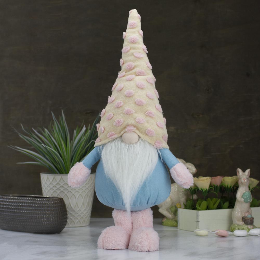 22" Blue and Pink Standing Spring Plush Gnome Figure with a Polka Dot Hat. Picture 2