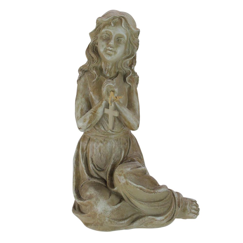 Northlight 14.5" Inspirational Sitting Angel with Cross Outdoor Garden Statue - Brown. Picture 1