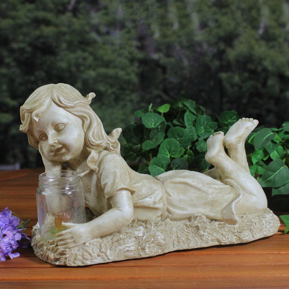 14.25" Beige and Brown LED Lighted Solar Powered Lounging Girl Outdoor Garden Statue. Picture 2