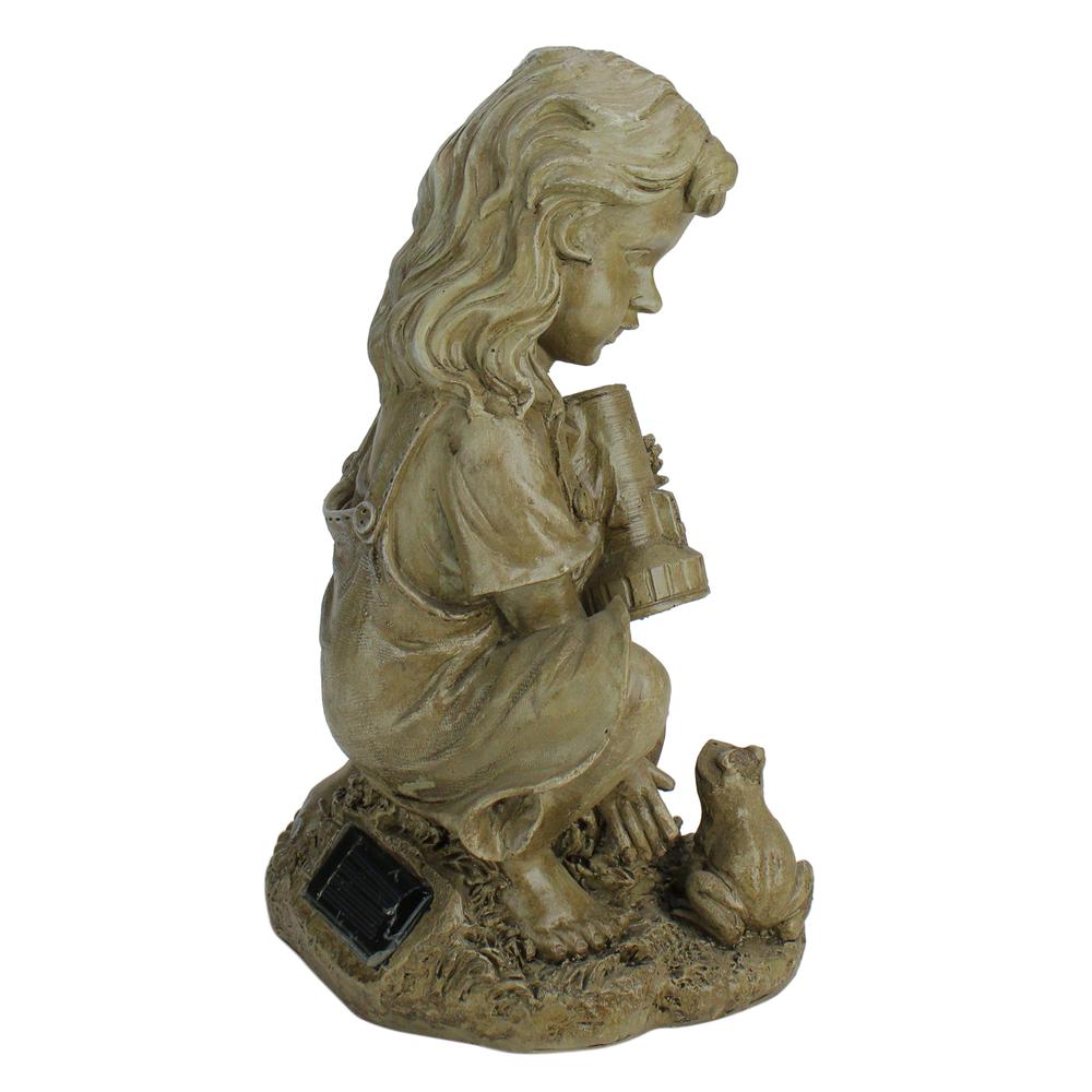 12.25" Brown Girl with Frog Solar Powered LED Lighted Outdoor Garden Statue. Picture 2