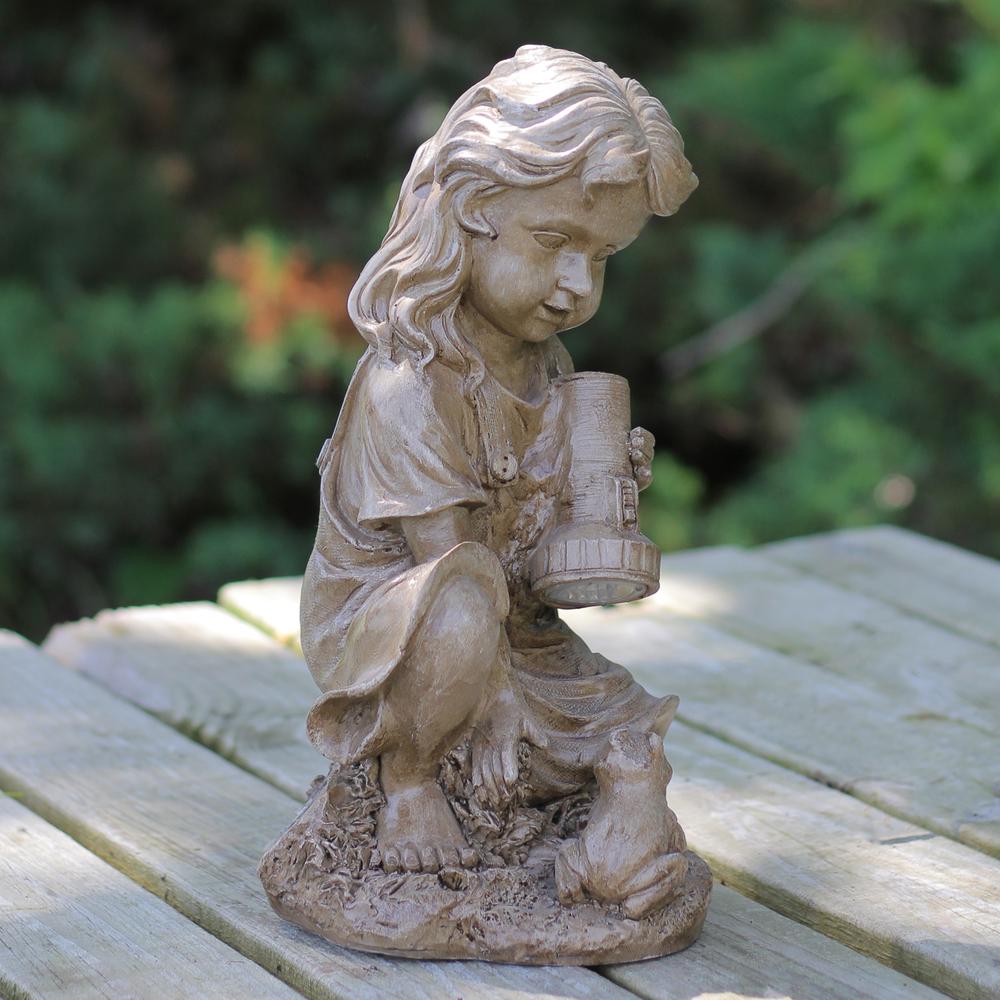 12.25" Brown Girl with Frog Solar Powered LED Lighted Outdoor Garden Statue. Picture 3
