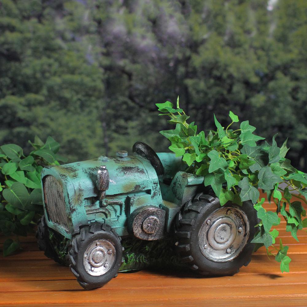12.25" Green and Black Distressed Tractor Garden Patio Planter. Picture 4