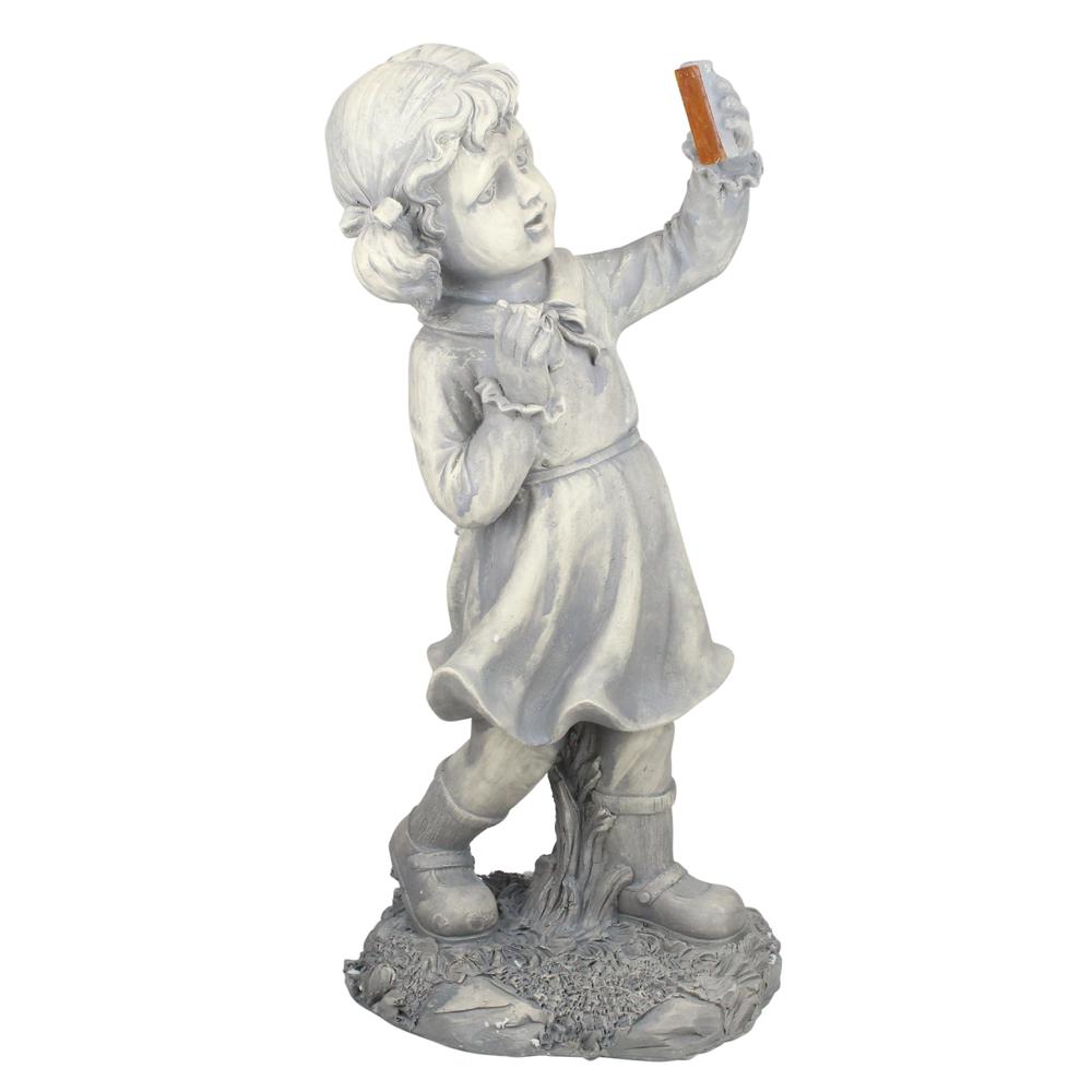 18" Distressed Gray Girl with Cell Phone Solar Powered LED Lighted Outdoor Patio Garden Statue. Picture 1