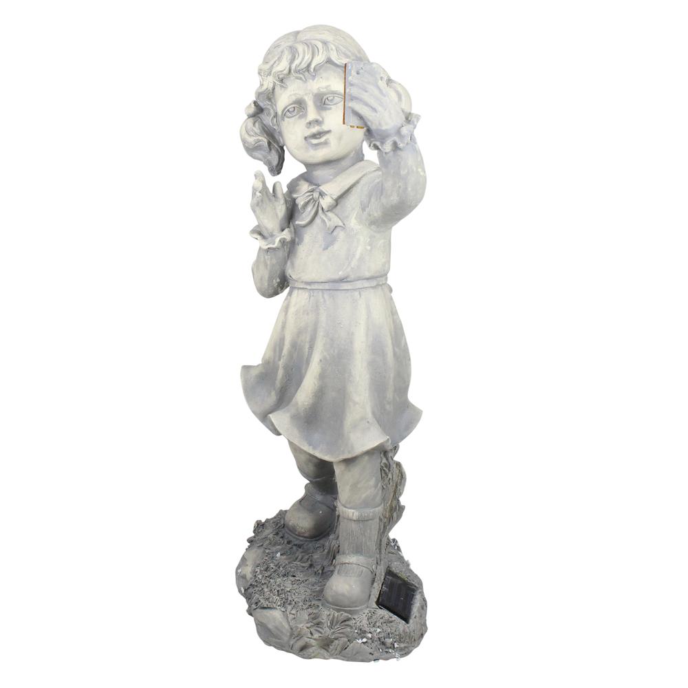 18" Distressed Gray Girl with Cell Phone Solar Powered LED Lighted Outdoor Patio Garden Statue. Picture 2