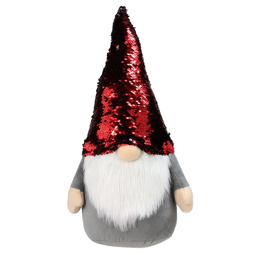 18" Gnome with Red and Black Flip Sequin Hat Christmas Decoration. Picture 1