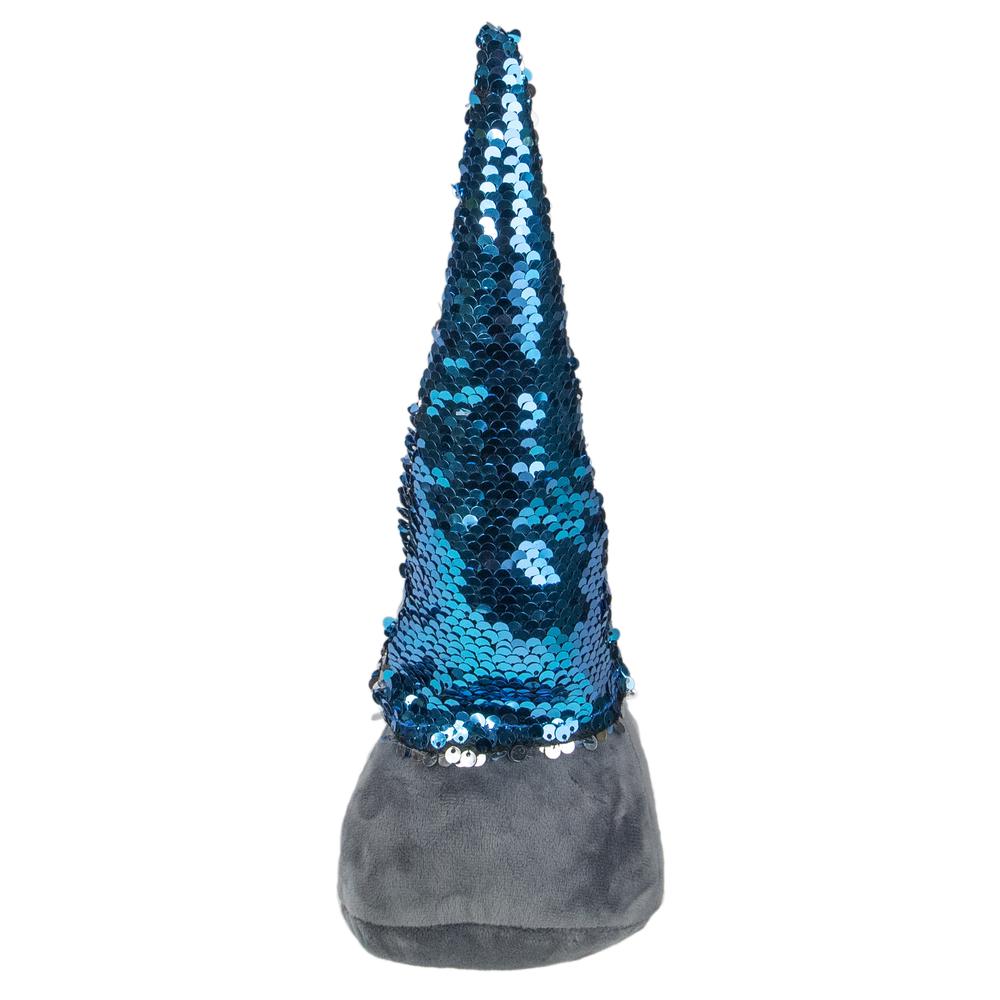 13" Standing Gnome with Blue and Silver Flip Sequin Hat Christmas Decoration. Picture 6