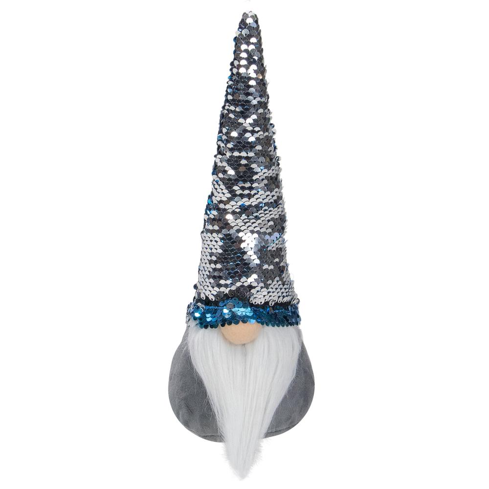13" Standing Gnome with Blue and Silver Flip Sequin Hat Christmas Decoration. Picture 5