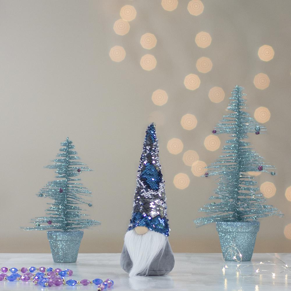 13" Standing Gnome with Blue and Silver Flip Sequin Hat Christmas Decoration. Picture 3