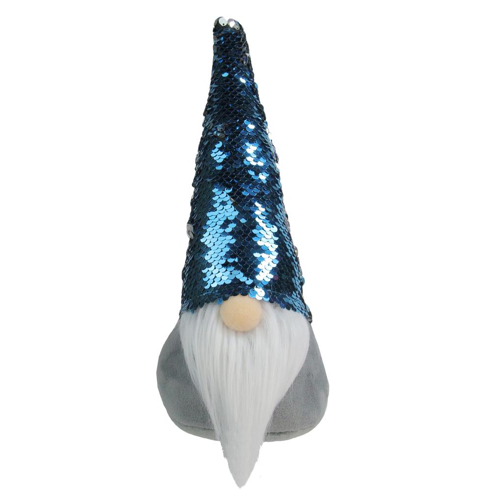 13" Standing Gnome with Blue and Silver Flip Sequin Hat Christmas Decoration. Picture 1