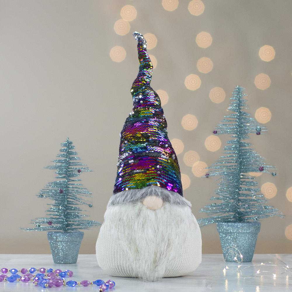 24" Gnome with Rainbow and Silver Flip Sequin Hat Christmas Decoration. Picture 2