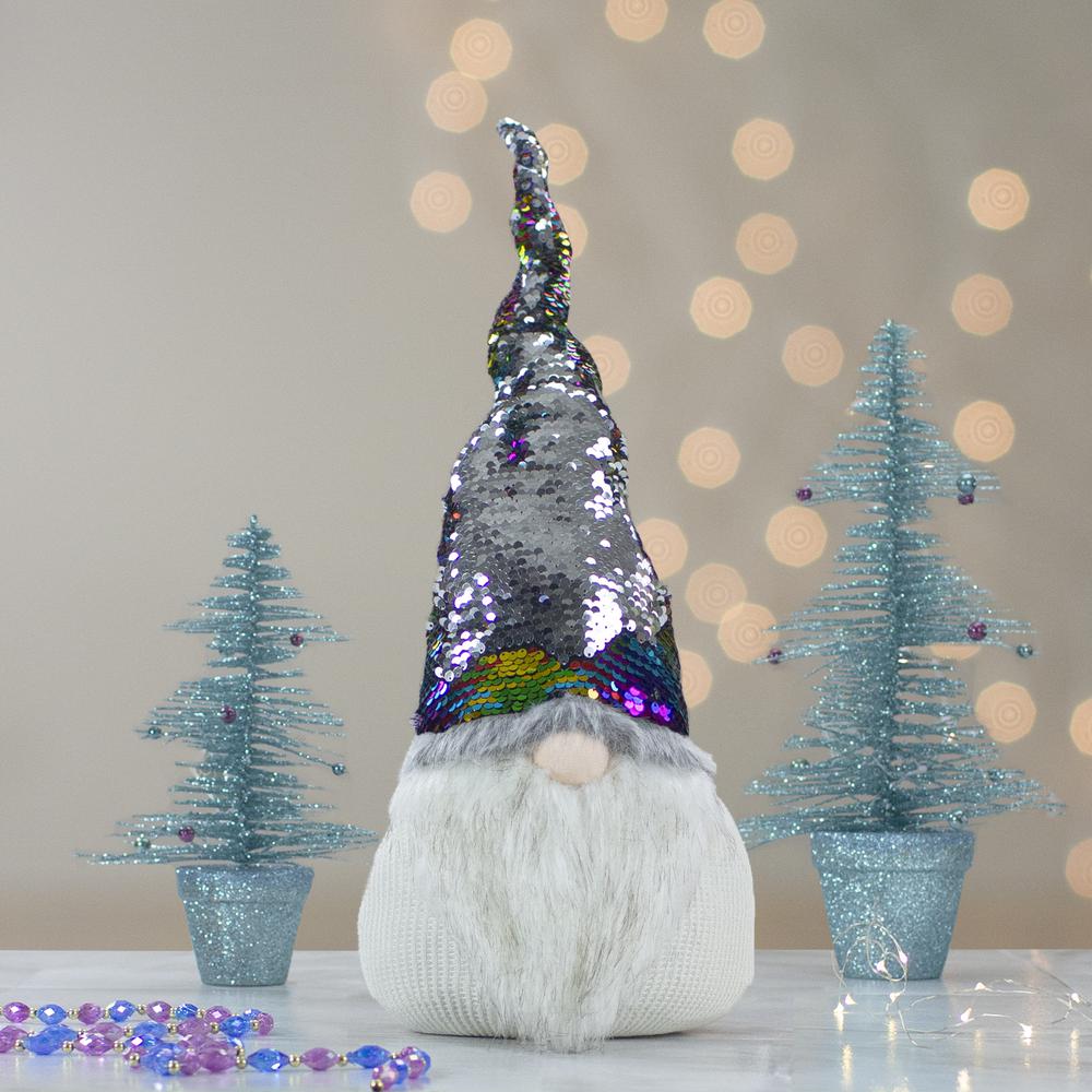 24" Gnome with Rainbow and Silver Flip Sequin Hat Christmas Decoration. Picture 3