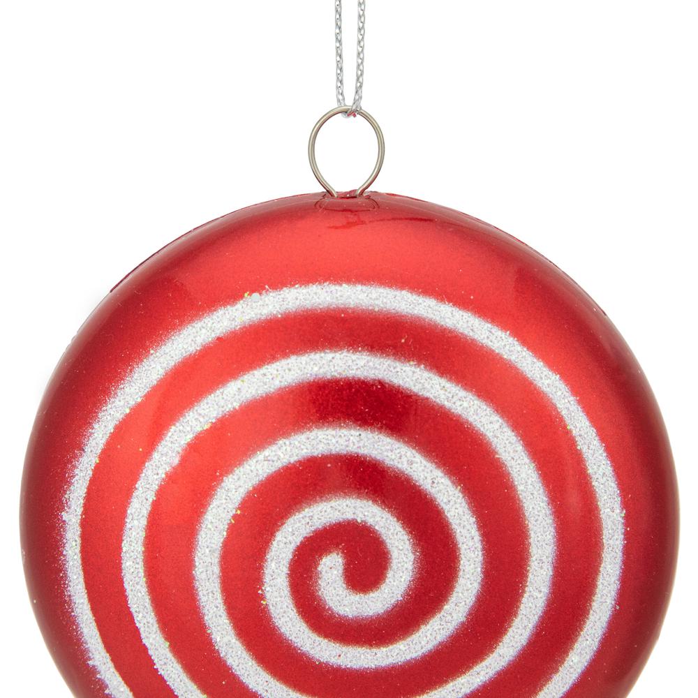 10" Red Candy Lollipop with Iridescent Glitter Swirl Christmas Ornament. Picture 3
