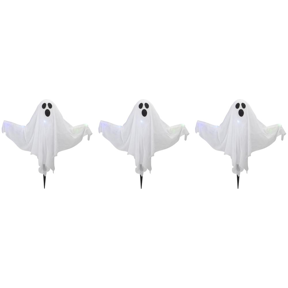 Set of 3 Lighted White Ghost Halloween Lawn Stakes. Picture 1