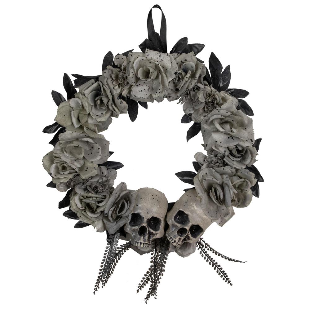 Double Skull and Gray Roses Halloween Wreath  16-Inch  Unlit. Picture 1