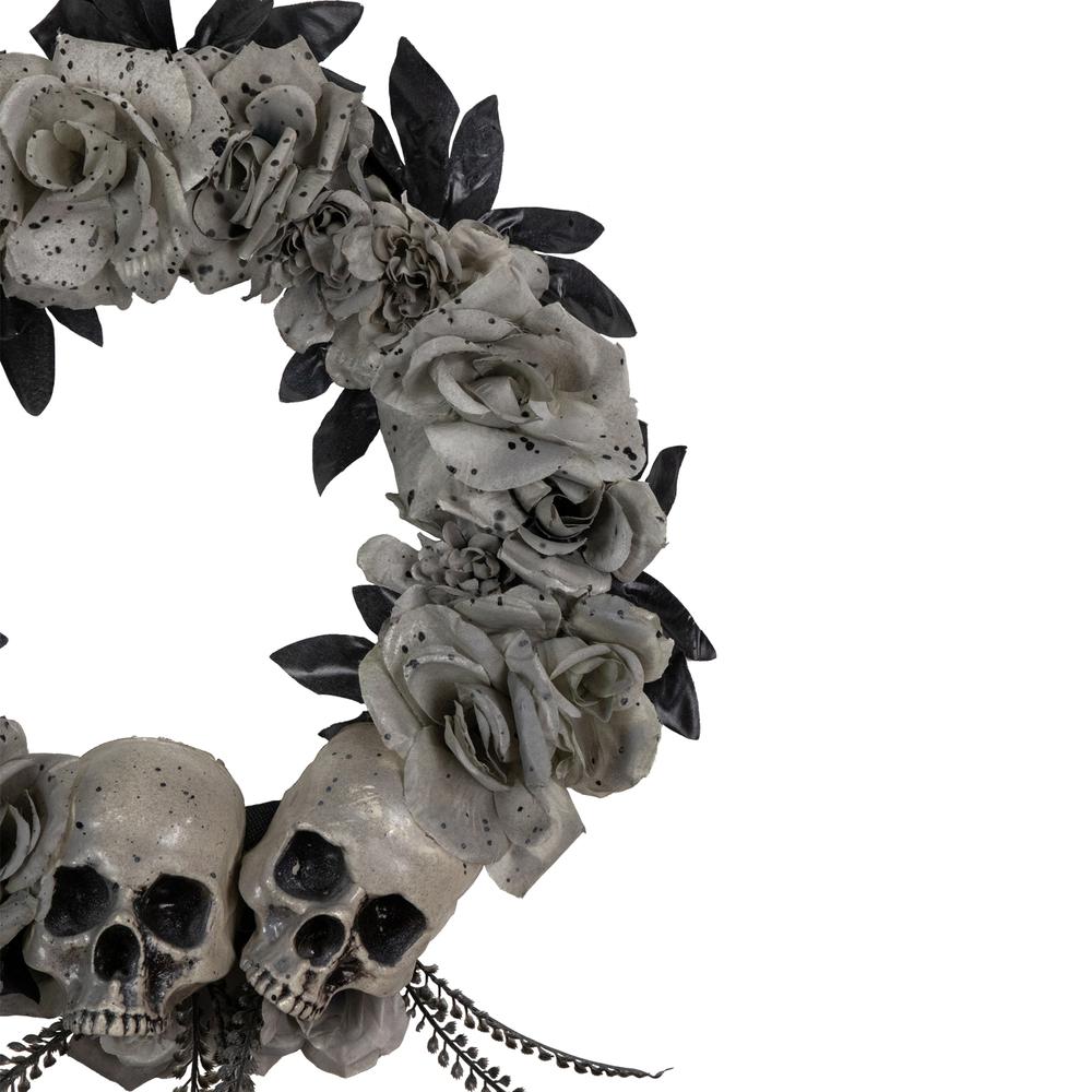 Double Skull and Gray Roses Halloween Wreath  16-Inch  Unlit. Picture 2