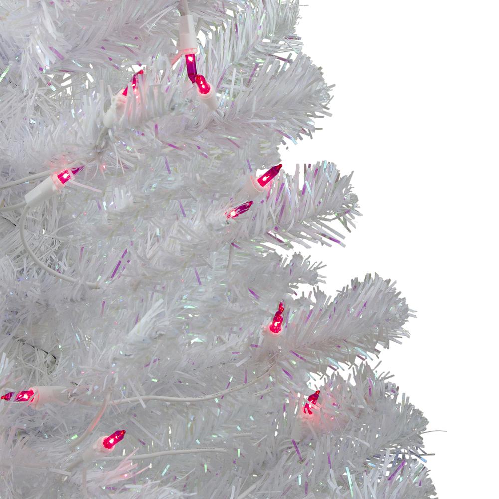 3' Pre-Lit White Iridescent Pine Slim Artificial Christmas Tree - Pink Lights. Picture 2