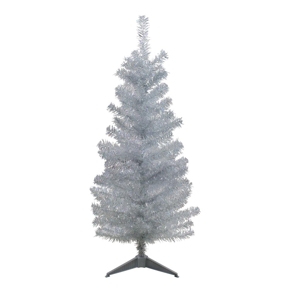 4' Holographic Silver Tinsel Slim Artificial Christmas Tree - Unlit. The main picture.