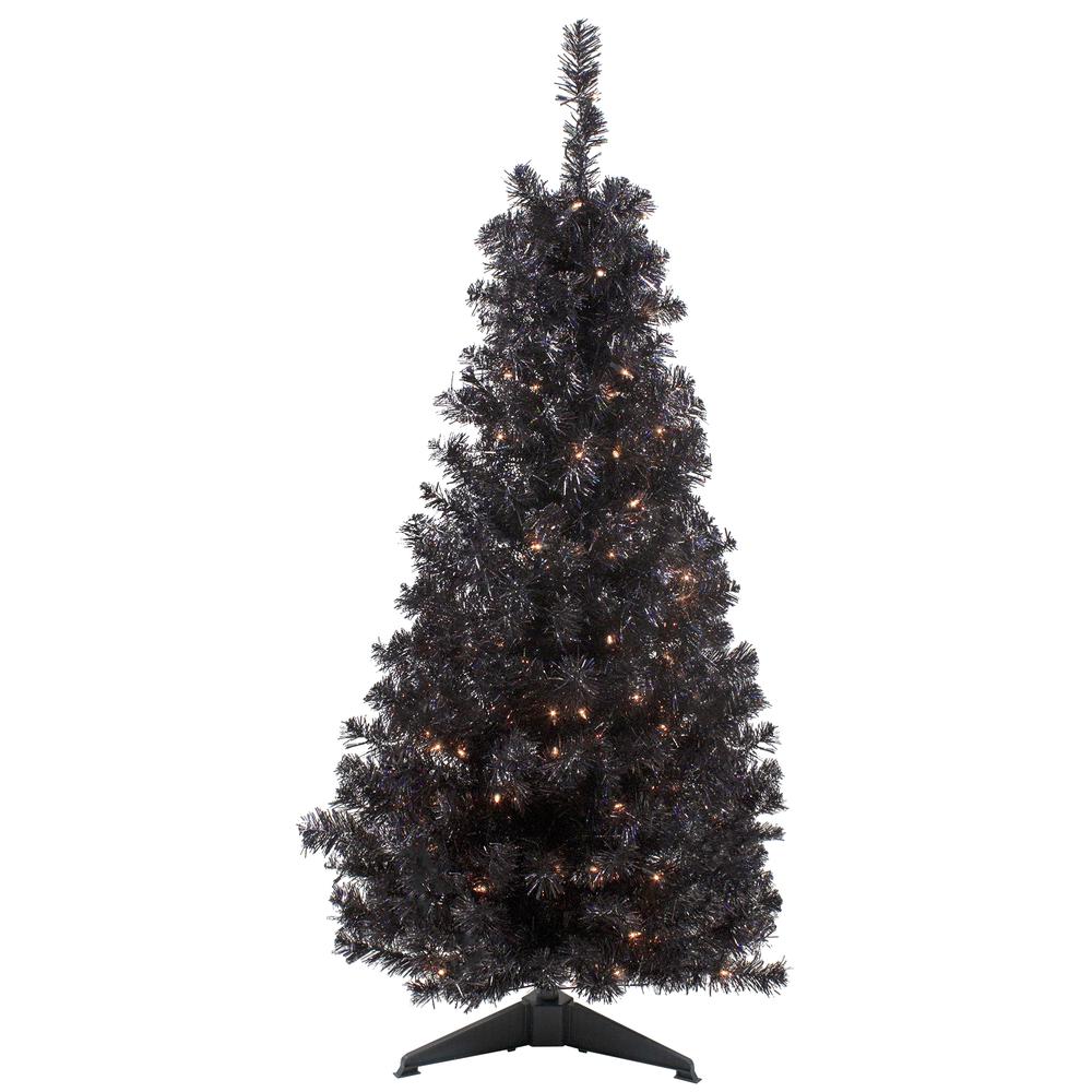 4' Pre-Lit Slim Black Artificial Tinsel Christmas Tree- Clear Lights. Picture 1