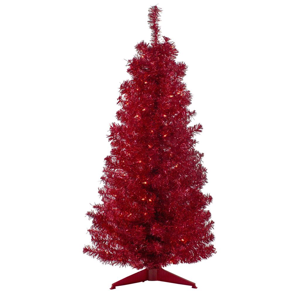 4' Pre-Lit Slim Red Artificial Christmas Tree - Clear Lights. Picture 1