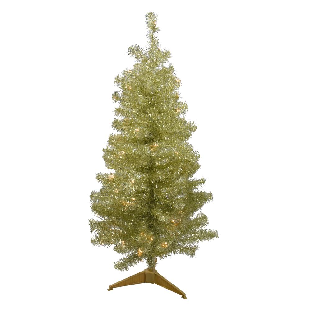 4' Pre-Lit Gold Iridescent Tinsel Slim Artificial Christmas Tree - Clear Lights. Picture 1