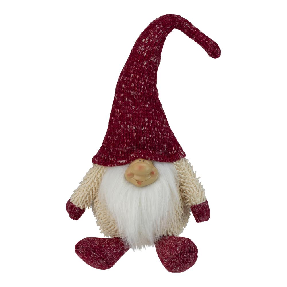 17" Ivory and Red Chubby Smiling Gnome Plush Tabletop Christmas Decoration. Picture 1