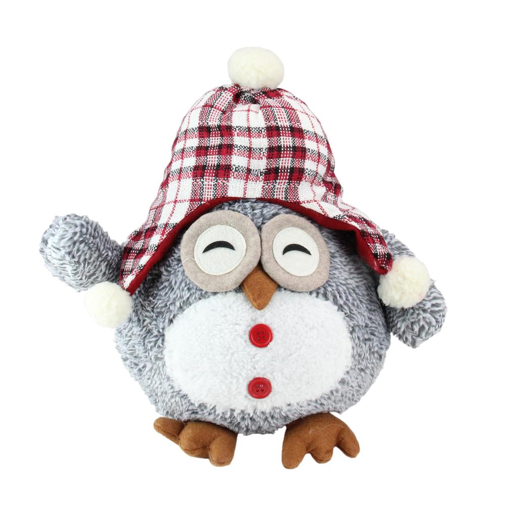 12" Gray Owl With Plaid Bennie Cap Plush Table Top Christmas Figure. Picture 1