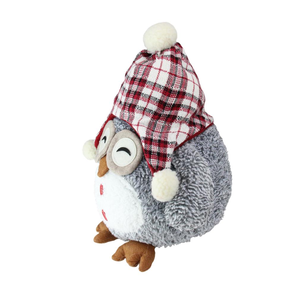 12" Gray Owl With Plaid Bennie Cap Plush Table Top Christmas Figure. Picture 2