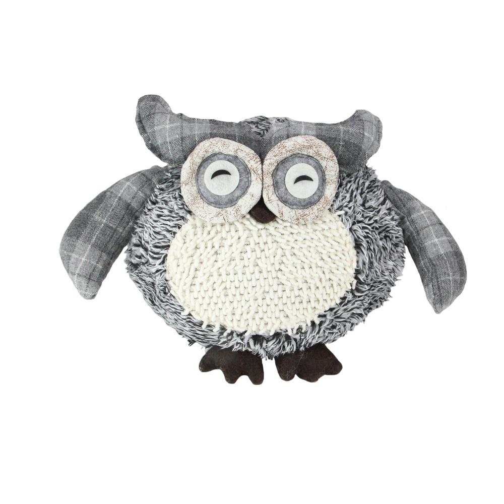 12" Charming Gray Plaid Owl w/ Textured Ivory Plush Table Top Christmas Figure. Picture 1
