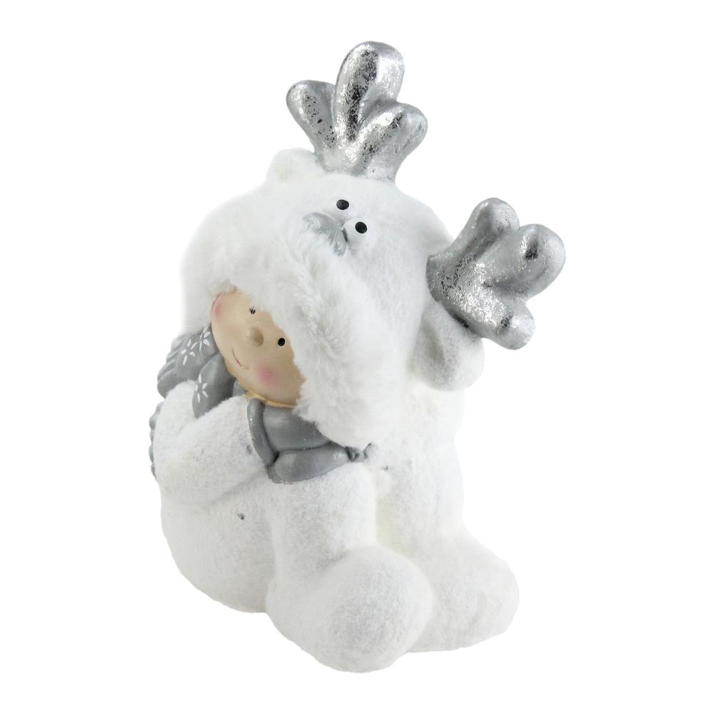 12.5" White and Gray Smiling Child with Reindeer Snow Suit Christmas Tabletop Decor. Picture 3