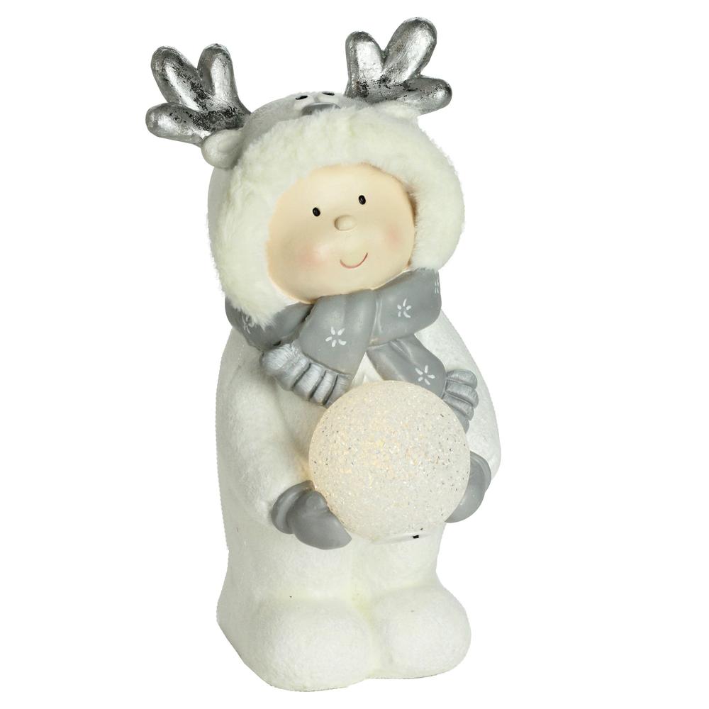 15.75" White Battery Operated Smiling Child Holding LED Lighted Snowball Christmas Figurine. Picture 3