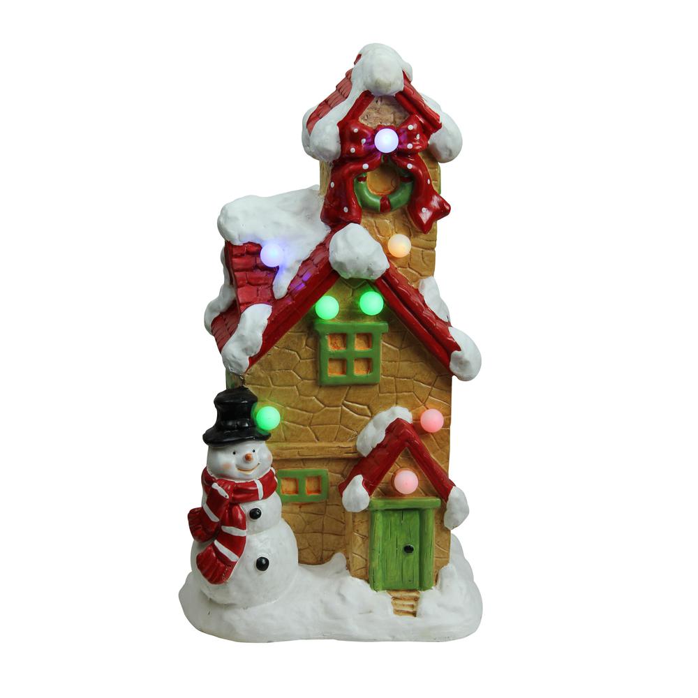 17" Brown and Red LED Lighted Snow Covered Cottage Musical Christmas Tabletop Decor. Picture 1