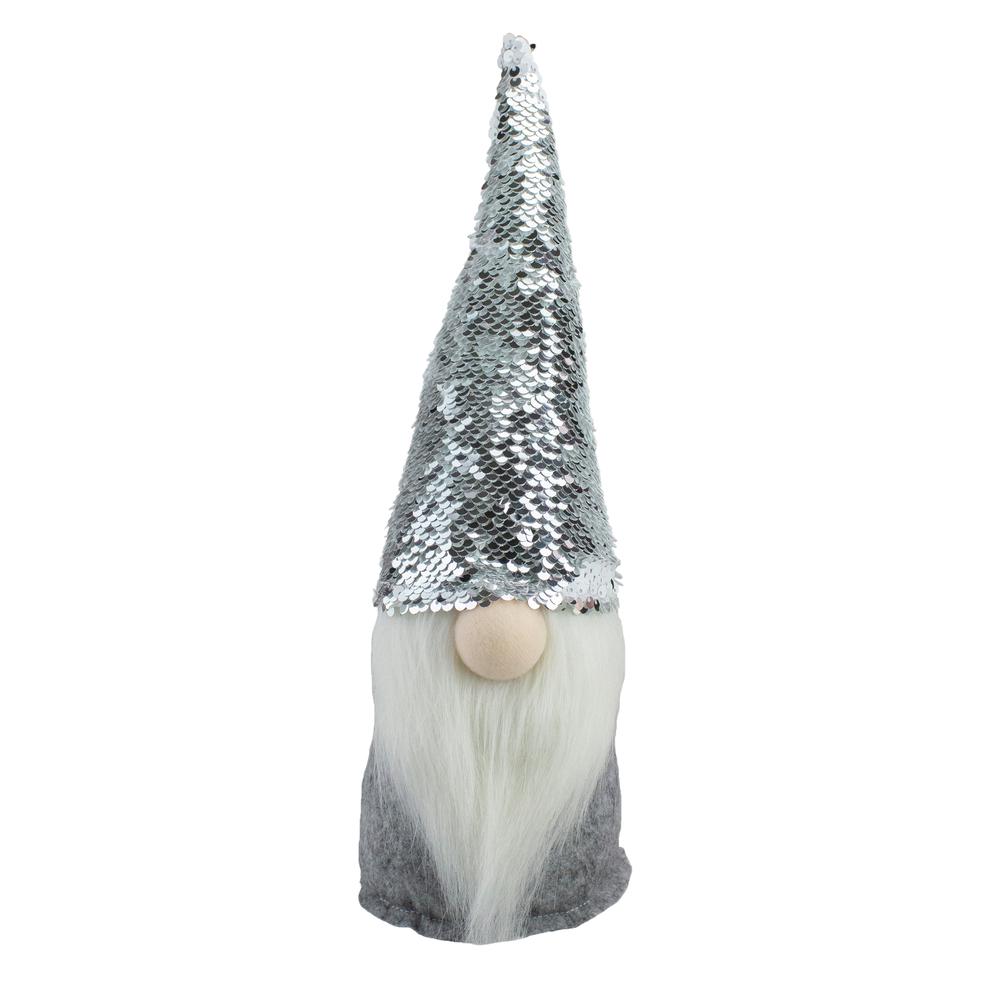 14" Silver Reverse Sequin White and Gray Gnome Christmas Decoration. Picture 1