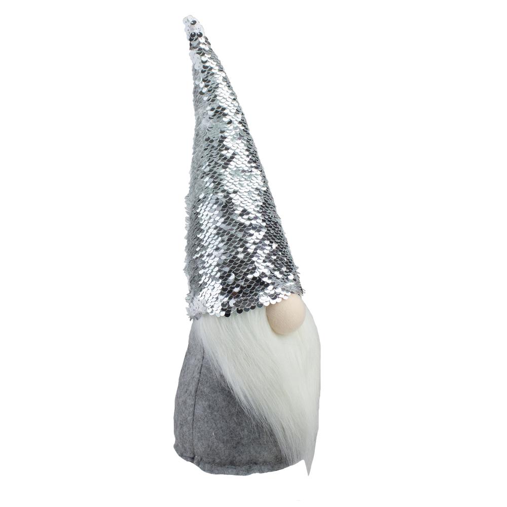 14" Silver Reverse Sequin White and Gray Gnome Christmas Decoration. Picture 2