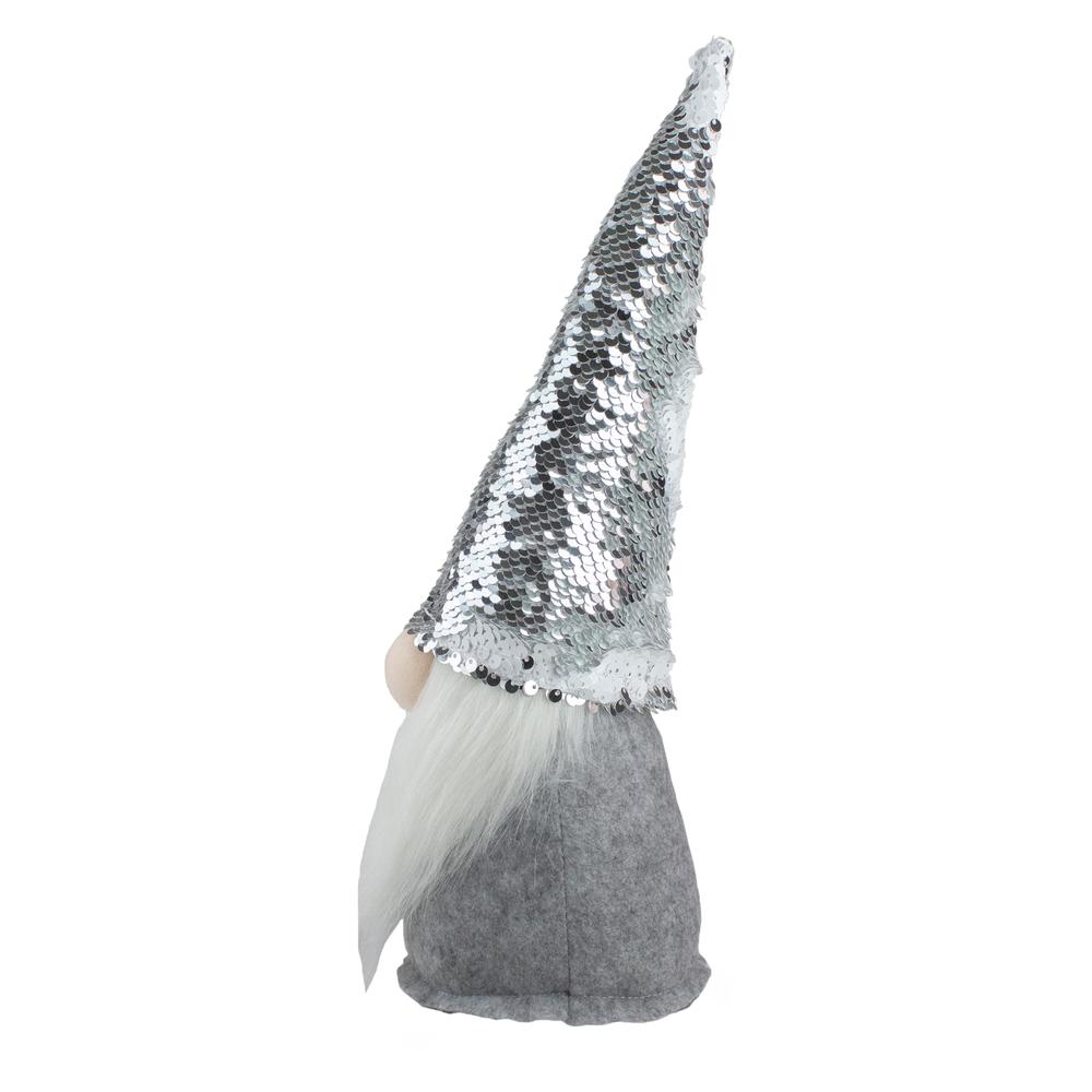 14" Silver Reverse Sequin White and Gray Gnome Christmas Decoration. Picture 3