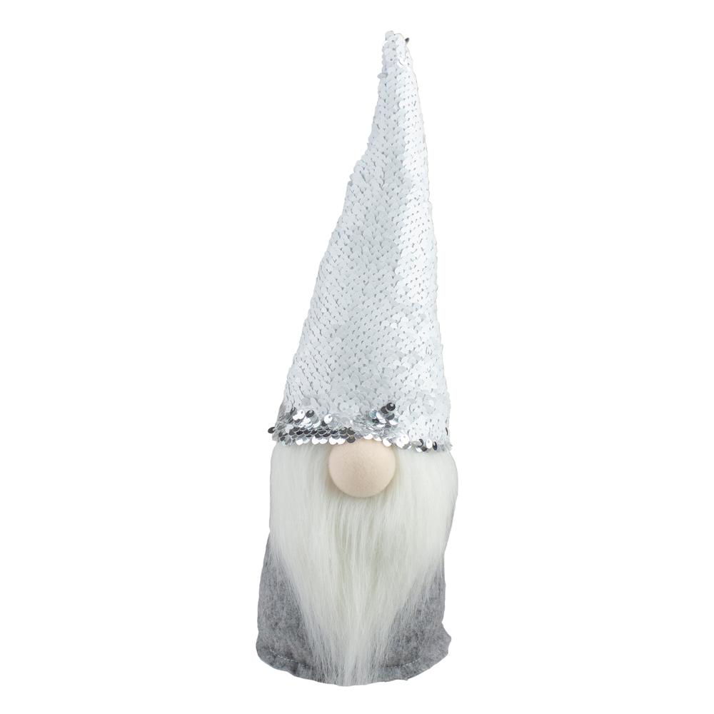 14" Silver Reverse Sequin White and Gray Gnome Christmas Decoration. Picture 5