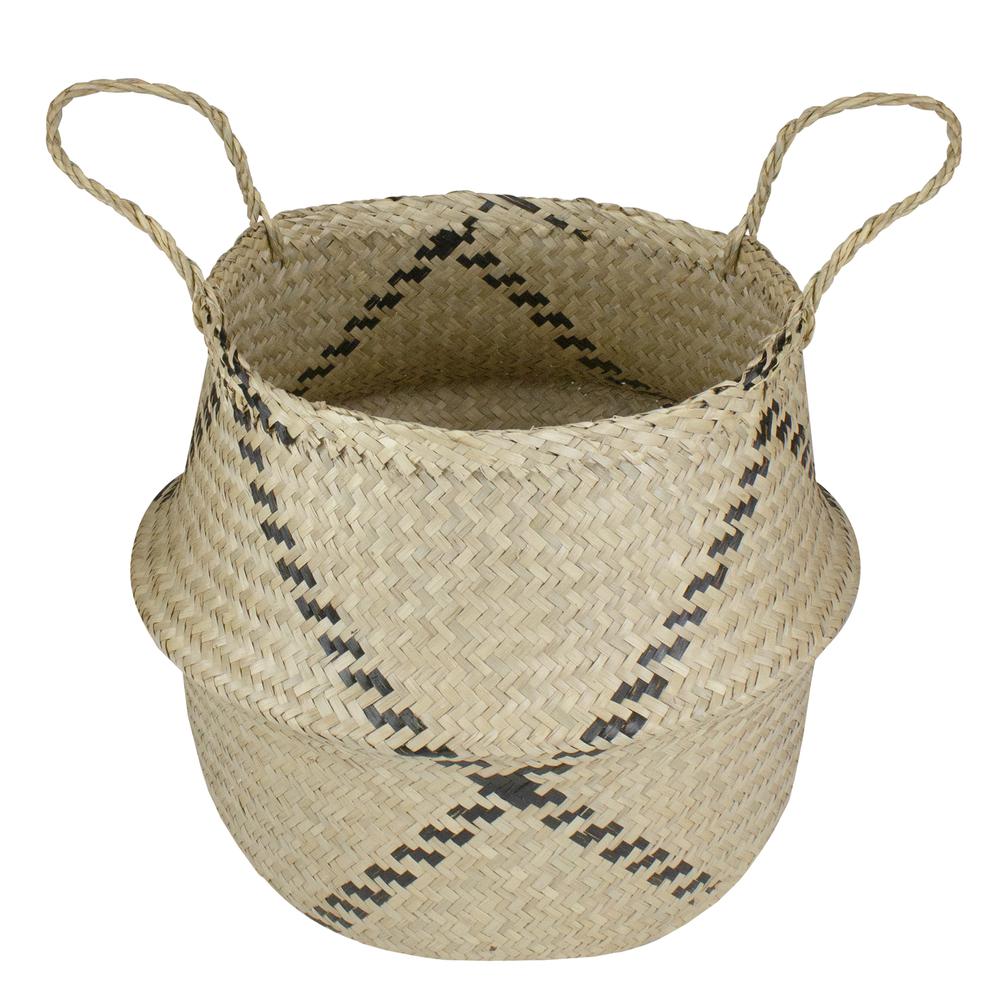 17" Beige Seagrass Belly Basket with Black Accents and Handles. Picture 3
