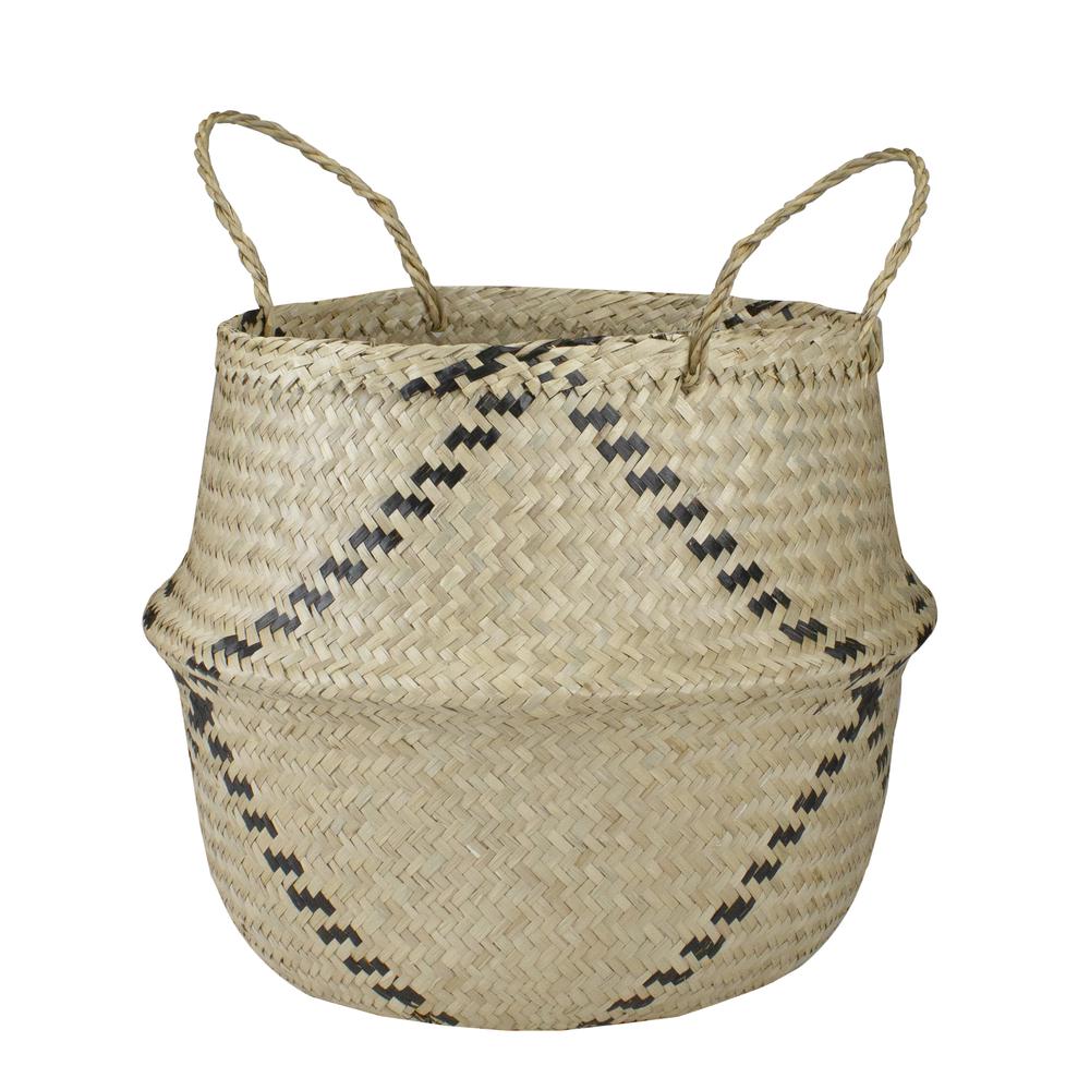 17" Beige Seagrass Belly Basket with Black Accents and Handles. Picture 4