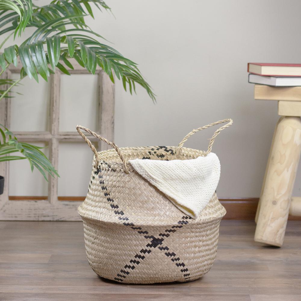 17" Beige Seagrass Belly Basket with Black Accents and Handles. Picture 2