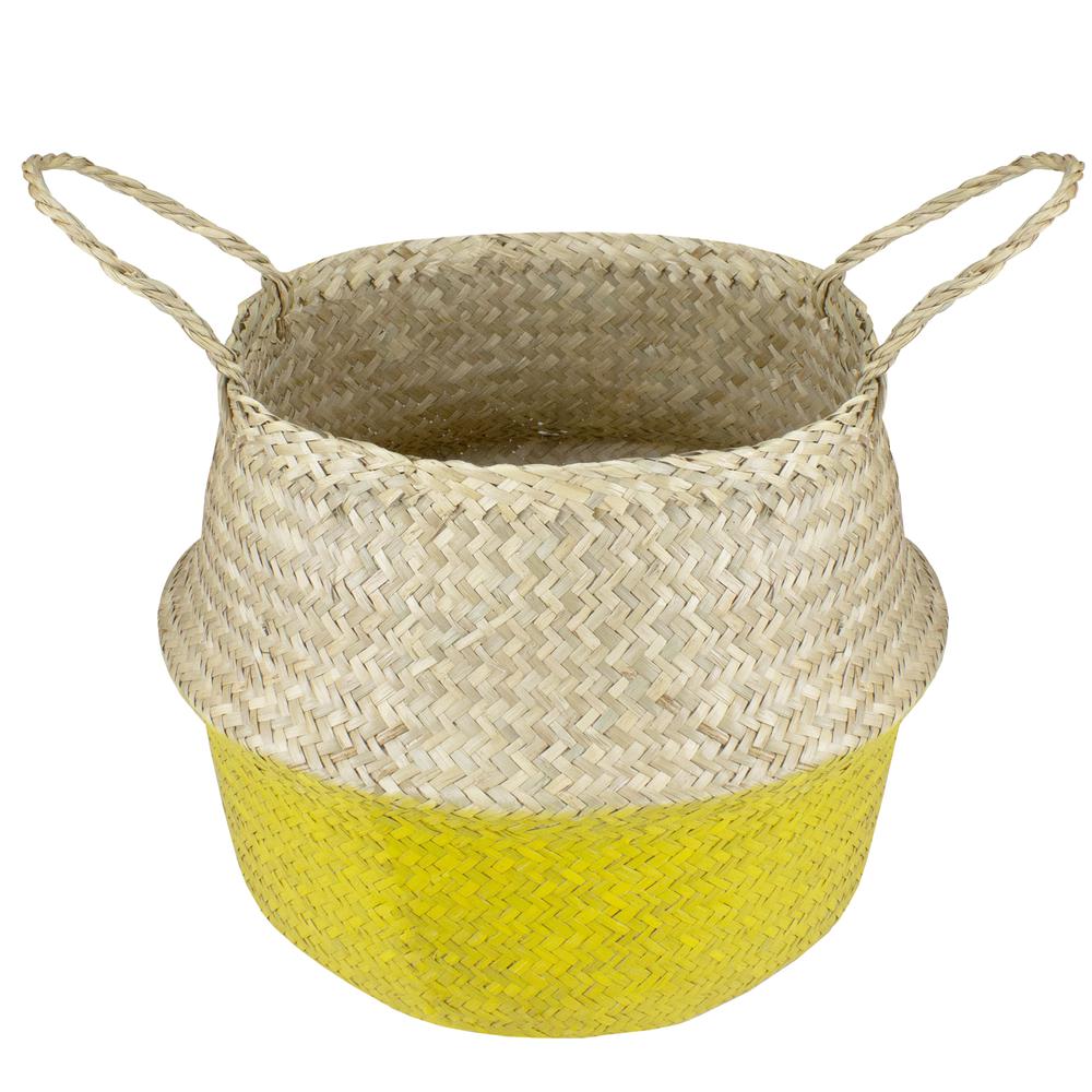 15.5" Beige and Yellow Large Belly Basket with Handles. Picture 3